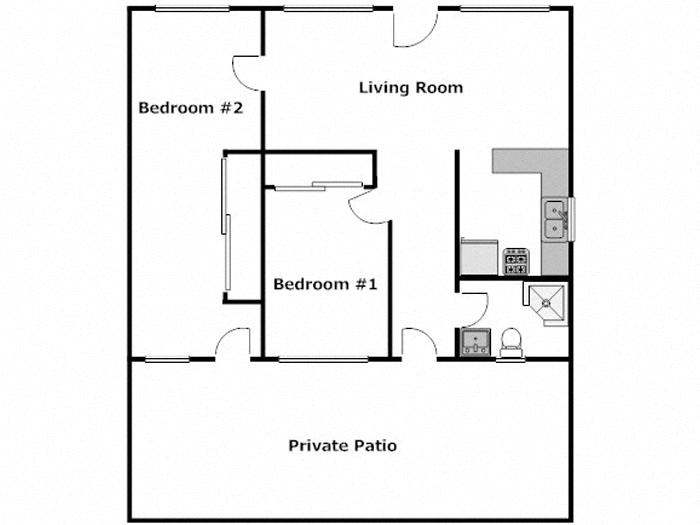 Floor plan for 2 beds, 1 bath, 685 sqft